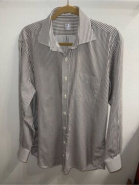 Peter Millar 100% Cotton White Brown Stripe Button Down Size Large